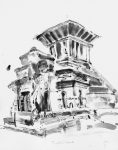 Drei Tempel in Kathmandu - Pinselzeichnung, 46 x 36,5 cm, 1988